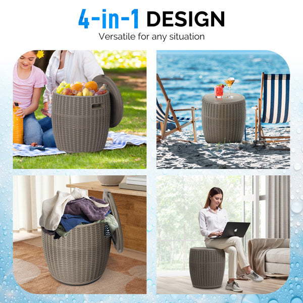 9.5 Gallon Taupe Rattan Barrel Plastic Side Table – Outdoor & Indoor Storage Table