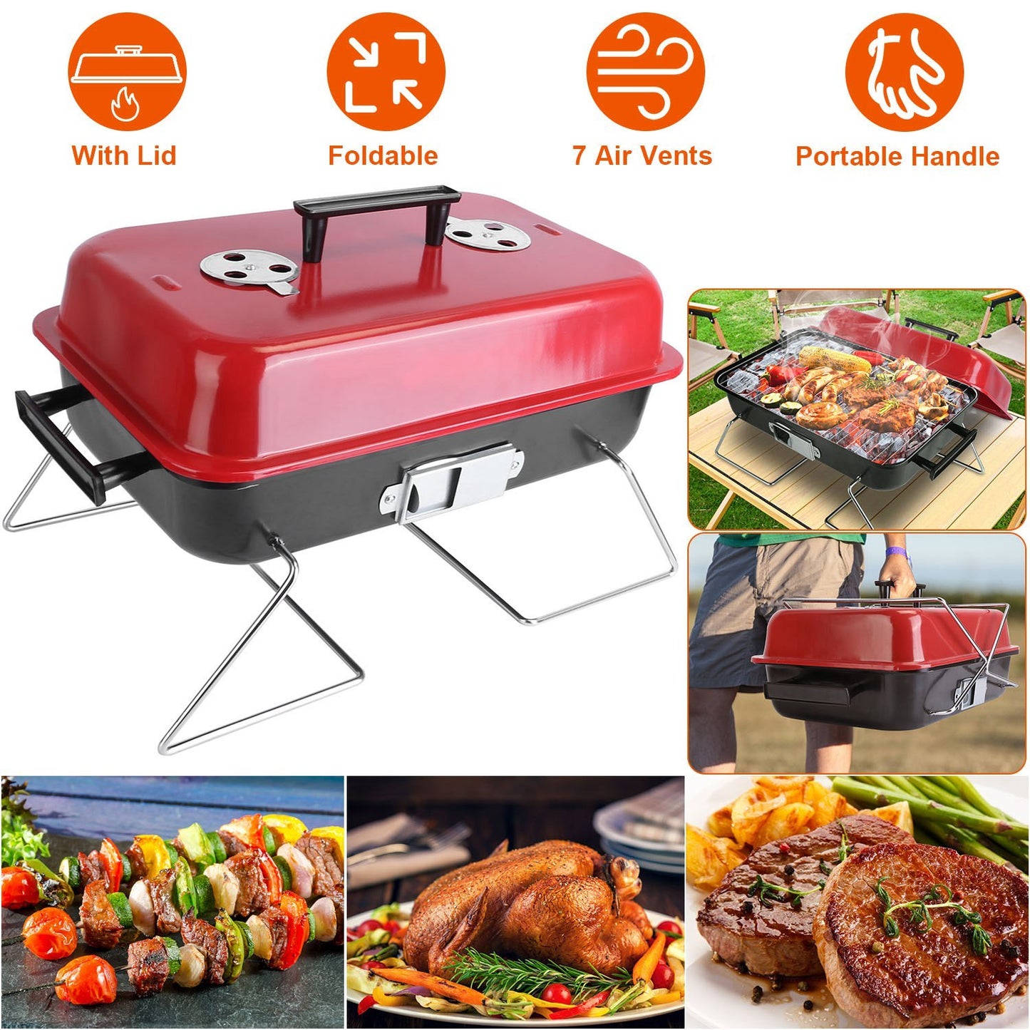 Portable Charcoal Grill – Outdoor Tabletop Small BBQ Smoker with Folding Lid | Perfect for Camping, Picnics & Beach