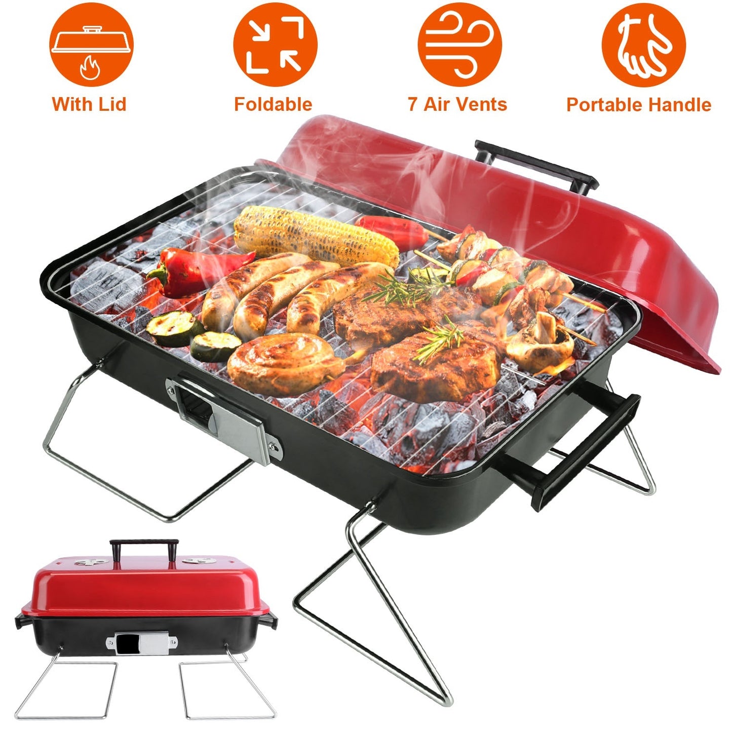 Portable Charcoal Grill – Outdoor Tabletop Small BBQ Smoker with Folding Lid | Perfect for Camping, Picnics & Beach