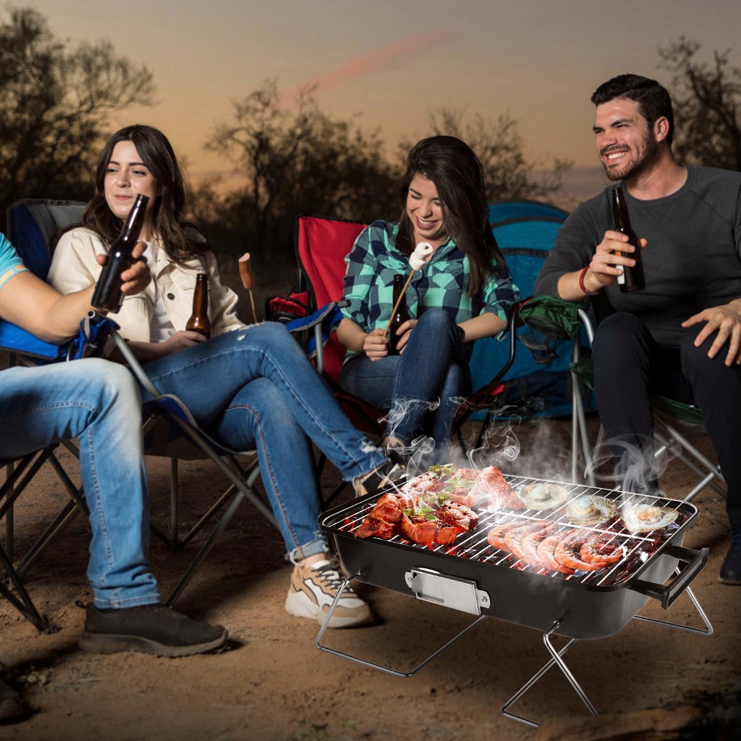 Portable Charcoal Grill – Outdoor Tabletop Small BBQ Smoker with Folding Lid | Perfect for Camping, Picnics & Beach