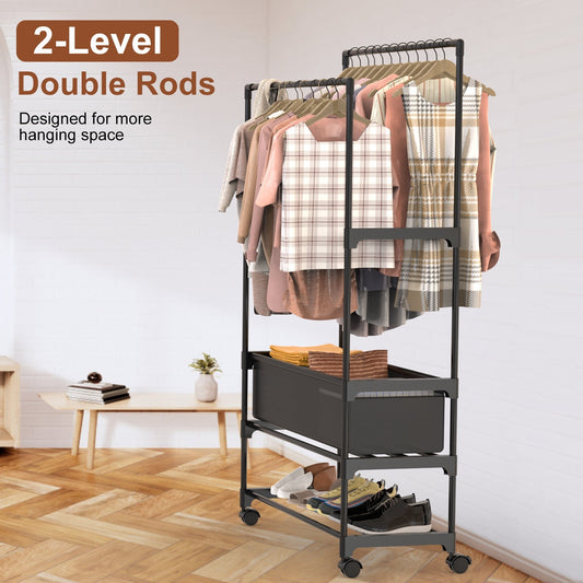 Double Rod Garment Rack with Storage Bag – Portable Clothing Rack with Shelves, Lockable Wheels & Adjustable Height
