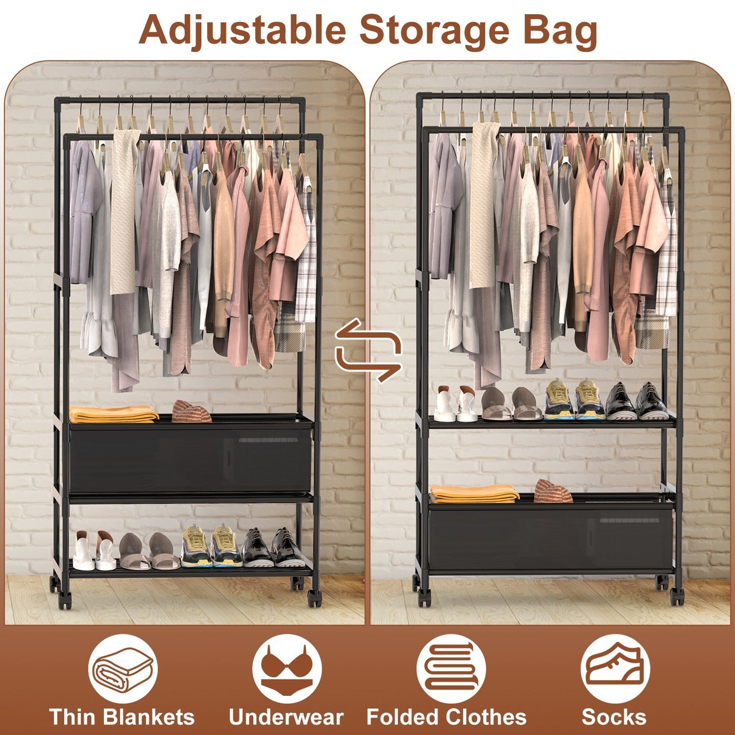 Double Rod Garment Rack with Storage Bag – Portable Clothing Rack with Shelves, Lockable Wheels & Adjustable Height