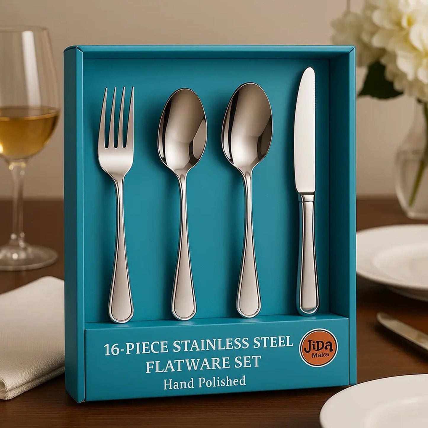 16-Piece Luxury Silver Tableware Set – Stainless Steel Utensils for 4 People | Fork, Knife, Spoon & Teaspoon | Durable, Elegant