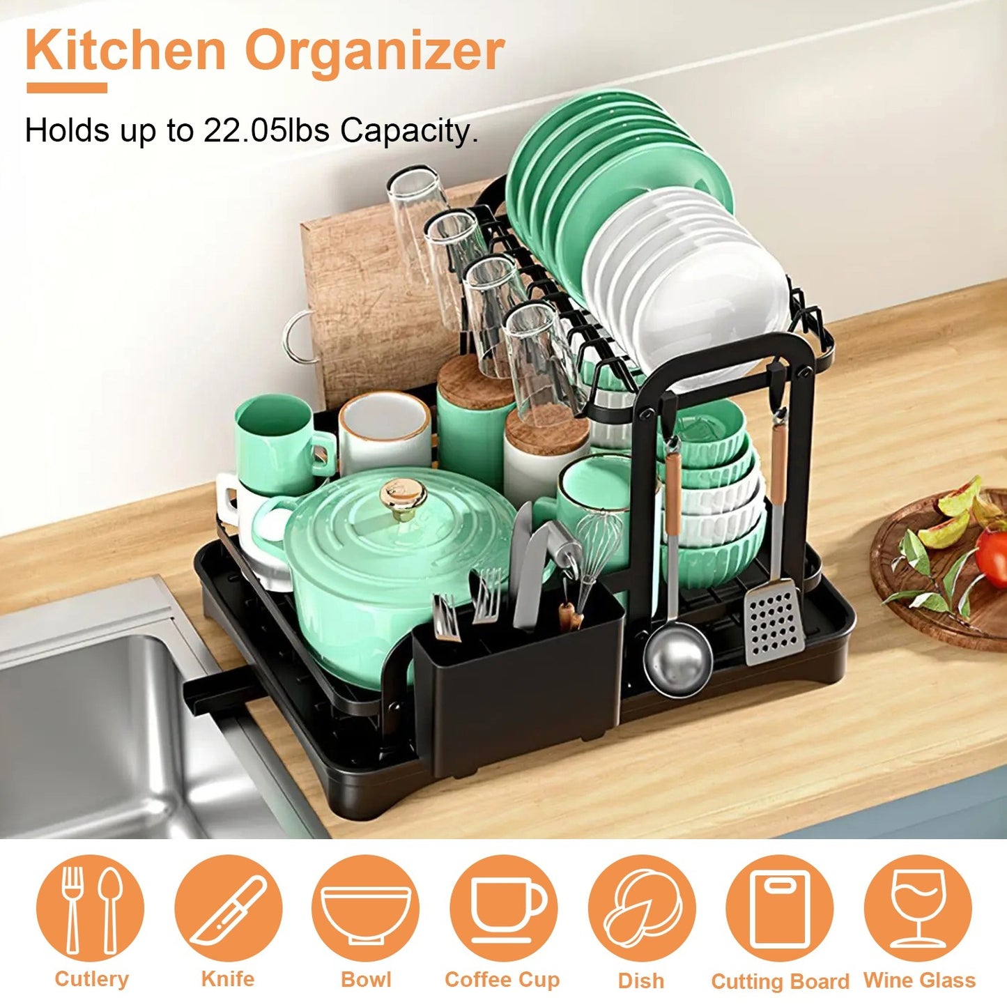 2-Tier Dish Drying Rack – Rustproof Kitchen Organizer with Drainboard & Utensil Holder