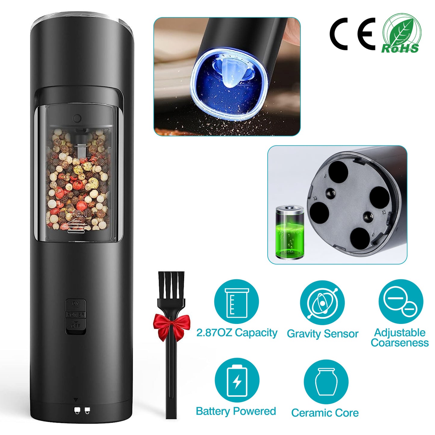 Electric Salt & Pepper Grinder – Automatic Gravity Sensor | Adjustable Coarseness & LED Light
