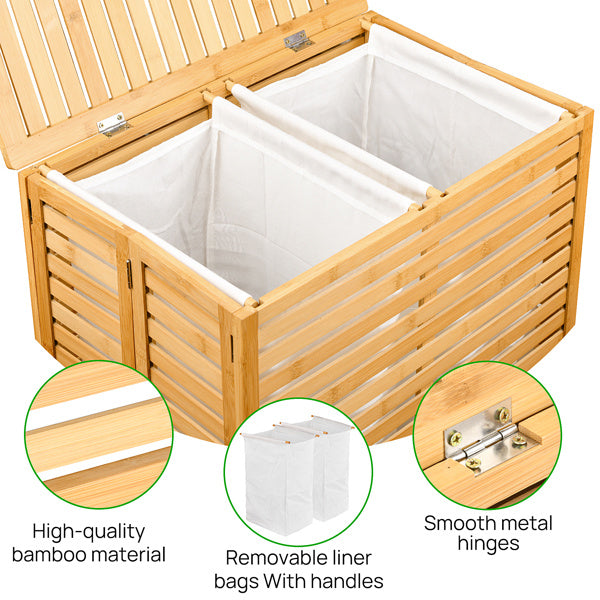 Bamboo Laundry Basket with Lid – Foldable Laundry Hamper with 2 Removable Lined Sections for Bathroom, Bedroom & Laundry Room
