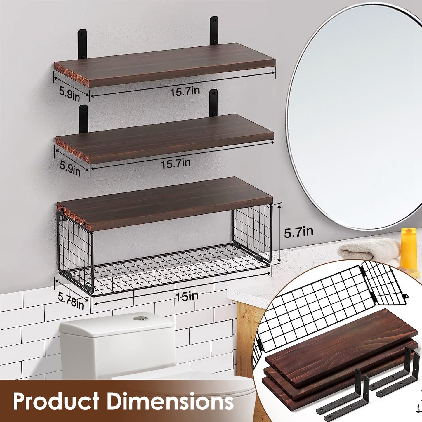 2 In 1 Floating Shelves Wall Mounted with Storage Basket – Bathroom, Bedroom, Kitchen & Office Wall
