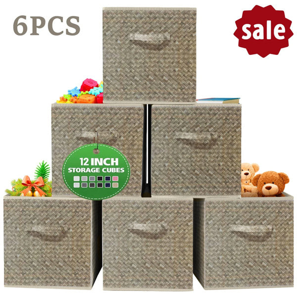 12 Inch Foldable Cube Storage Bins – Set of 6 Closet Organizer Boxes for Toys & Clothes (Brown)