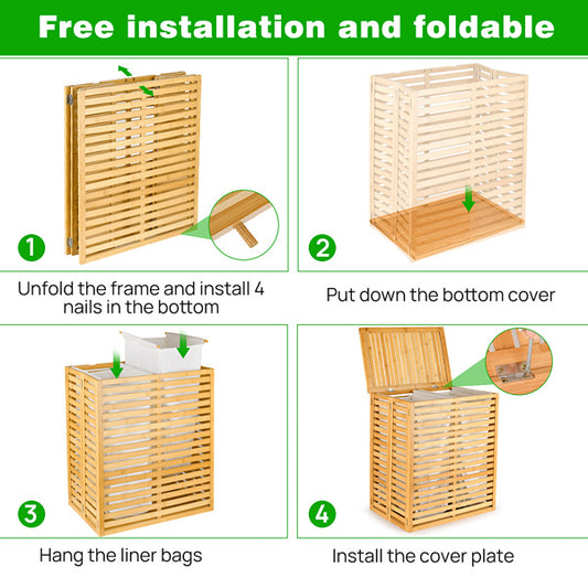 Bamboo Laundry Basket with Lid – Foldable Laundry Hamper with 2 Removable Lined Sections for Bathroom, Bedroom & Laundry Room