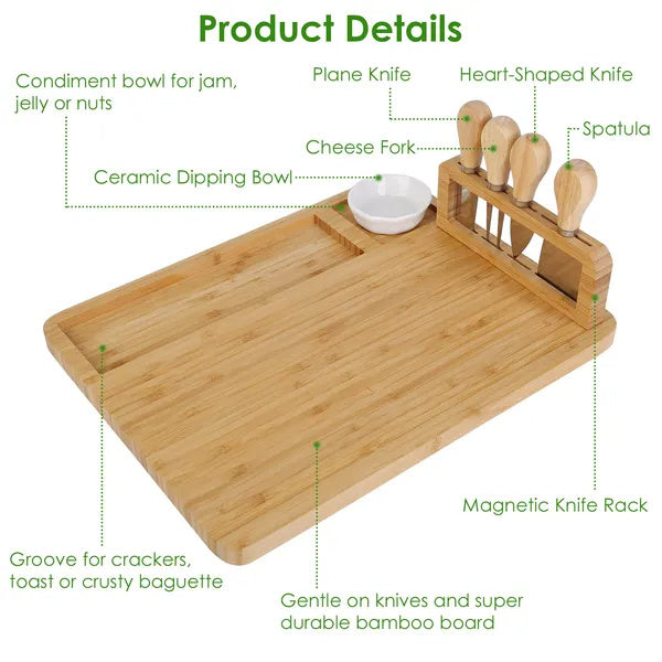 Bamboo Cheese Board & Charcuterie Platter – Serving Tray with Cutlery Set | Perfect for Weddings, Birthdays & Christmas