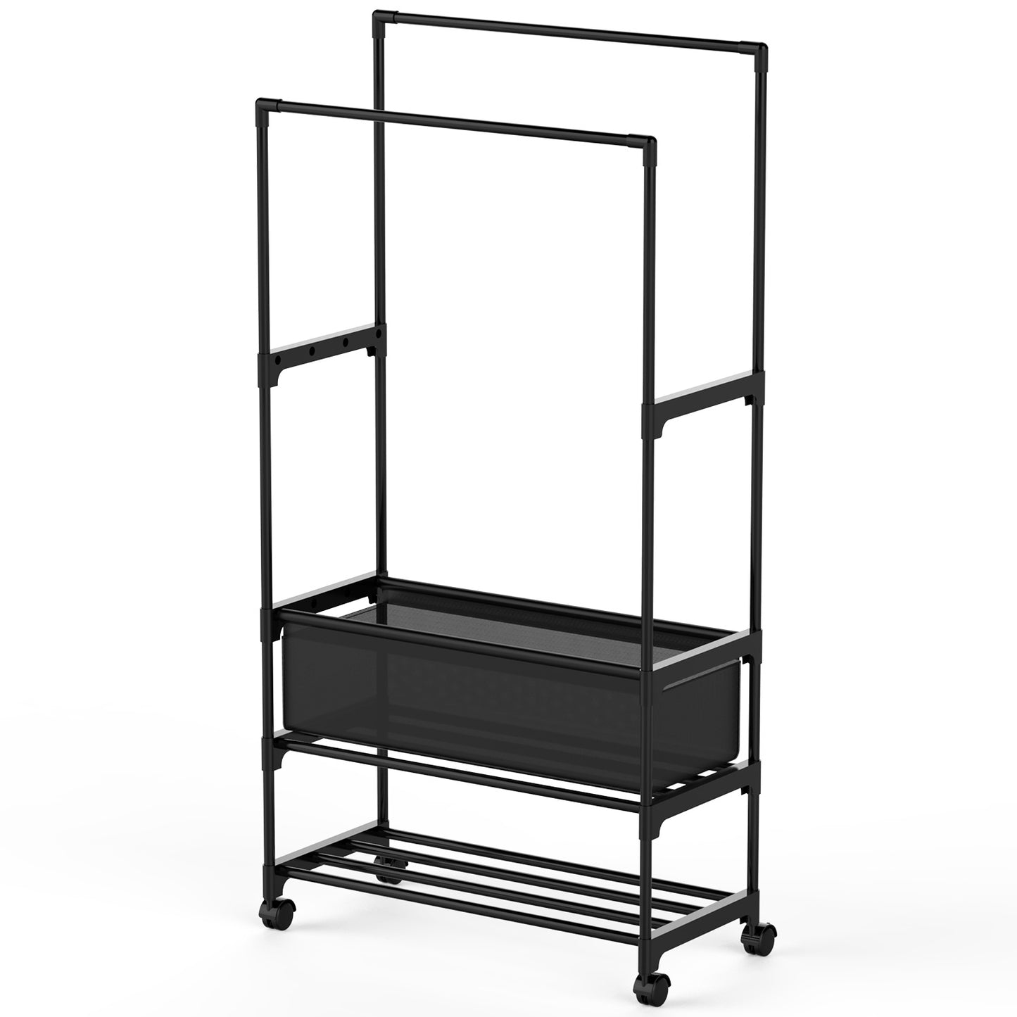 Double Rod Garment Rack with Storage Bag – Portable Clothing Rack with Shelves, Lockable Wheels & Adjustable Height