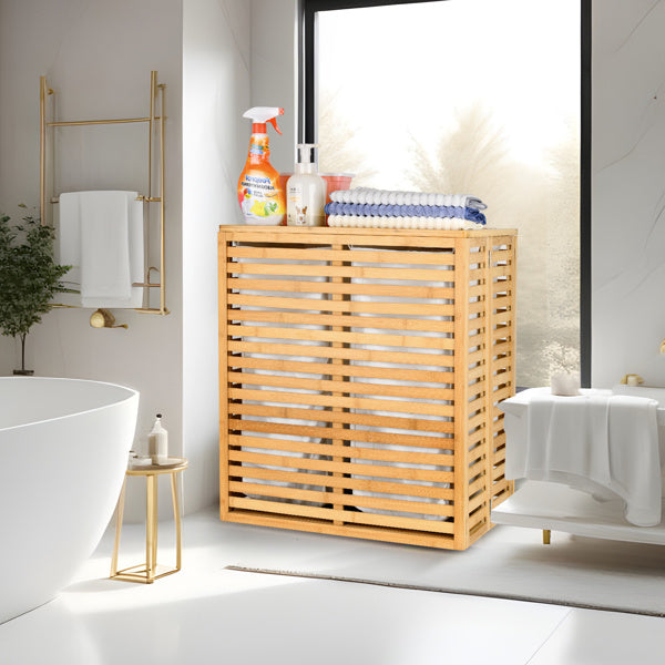Bamboo Laundry Basket with Lid – Foldable Laundry Hamper with 2 Removable Lined Sections for Bathroom, Bedroom & Laundry Room
