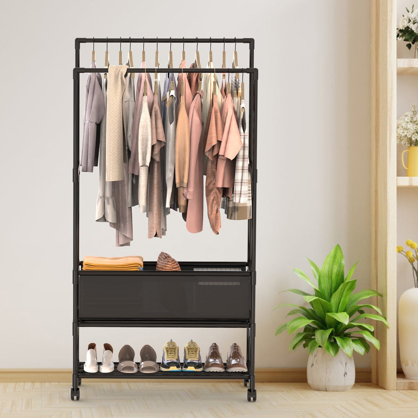 Double Rod Garment Rack with Storage Bag – Portable Clothing Rack with Shelves, Lockable Wheels & Adjustable Height