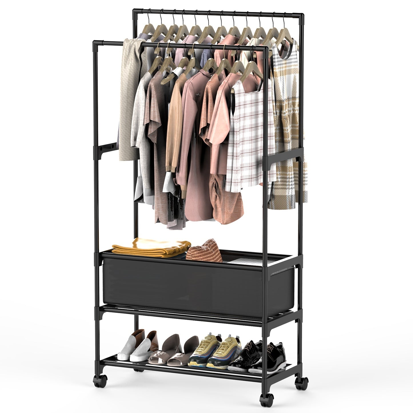 Double Rod Garment Rack with Storage Bag – Portable Clothing Rack with Shelves, Lockable Wheels & Adjustable Height
