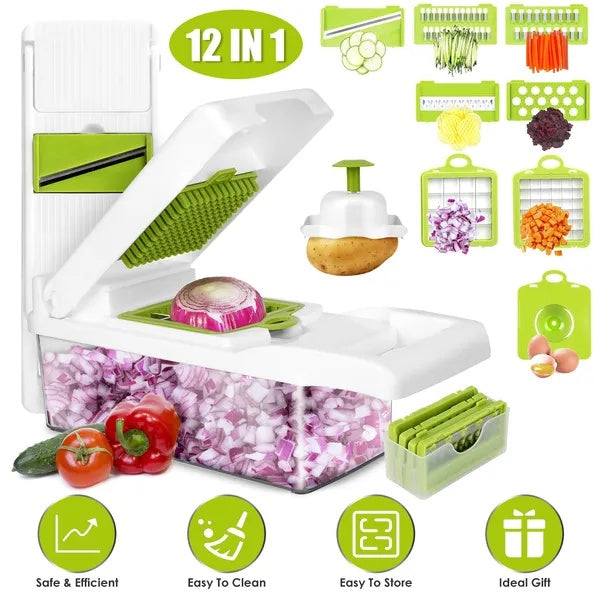 12-in-1 Vegetable Chopper with Container – Kitchen Food Slicer, Dicer & Grater